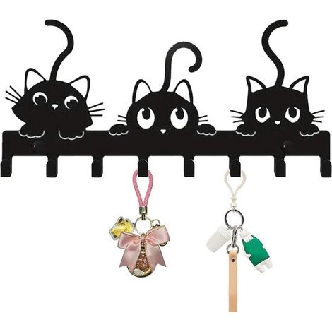 Porte-clés mural en métal noir mat, design chat, avec 8 crochets, acier au carbone, porte-manteau et support à clés pour entrée, cuisine et salon, fixation incluse (1/5)