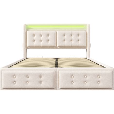Cama canapé 160x200 beige con cabecero LED, USB y enchufe, estructura de madera y metal HOMVRA (1/5)