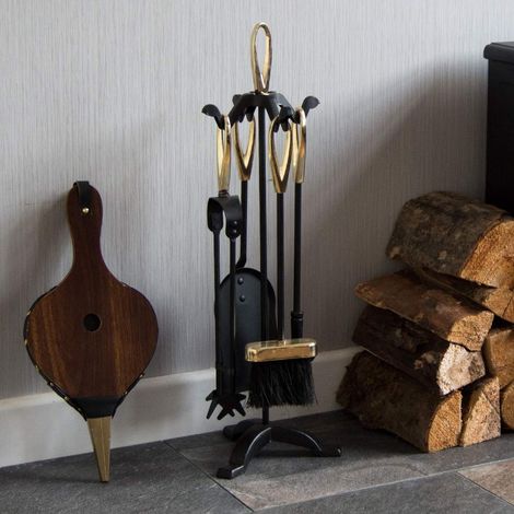 Lot de 5 Accessoires de cheminée avec Support Noir et Laiton avec Support Comprend tisonnier, Pince, Brosse et Pelle Accessoires de cheminée pour poêle à Bois, foyers et poêles à (1/5)