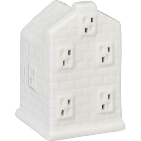 Photophore en Forme de Maison, pour 1 Bougie Chauffe-Plat, H x L x P : 11 x 7 x 6,5 cm, Blanc (1/5)