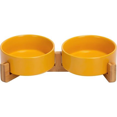 Set di 2 ciotole doppie ortopediche per gatti con base in legno antiscivolo, in ceramica, 13 cm, colore giallo. (1/5)