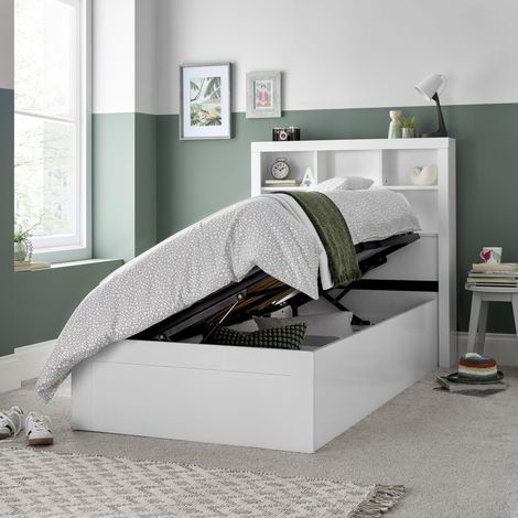 Oscar White Wooden Bookcase Ottoman Storage Bed Single (1/5)