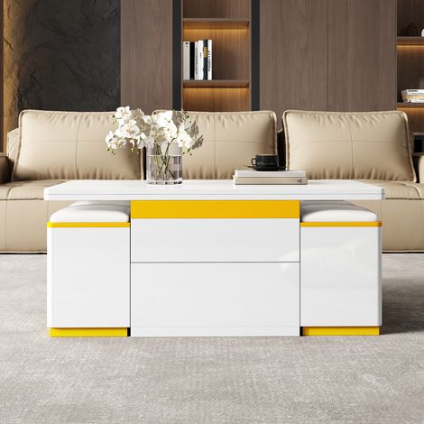 Table basse blanche brillante, table d'appoint tendance, table basse réglable en hauteur, table à manger pliante, 100 x 50 x 43 cm