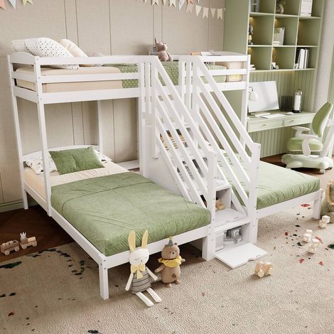 Lit superposé 3 couchages 90 x 200 cm bois blanc avec tiroirs, échelle escamotable et sécurité enfant (1/5)