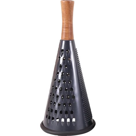 Konische Käsereibe mit Edelstahlgriff, dreifach funktional, Holzgriff, rutschfester Gummibasis, multifunktionale Gemüsereibe, schwarz, 30 x 13 cm