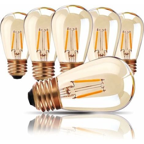 Lampes d'extérieur, ampoule LED à vis E27 Edison, 1W Ampoule de rechange à filament LED pour S14 ST45 LED, blanc chaud 2200K, verre ambré équivalent, non réglable, paquet de 6 [Classe énergétique A++] (1/5)