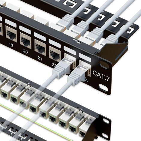 RJ45 Coupler 24 Port Cat7 1U Shielded 19" STP Patch Panel with Back Bar, Wall Mount or Rack Mount, Compatible with Cat5, Cat5e, Cat6, Cat7 Wiring (1/5)