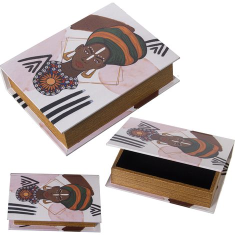 Lot de 3 Boites à Livres Décorées Dmwood/Toile Polyester Afric 30X24X8+24X18X6+18X12X4 Cm (1/2)