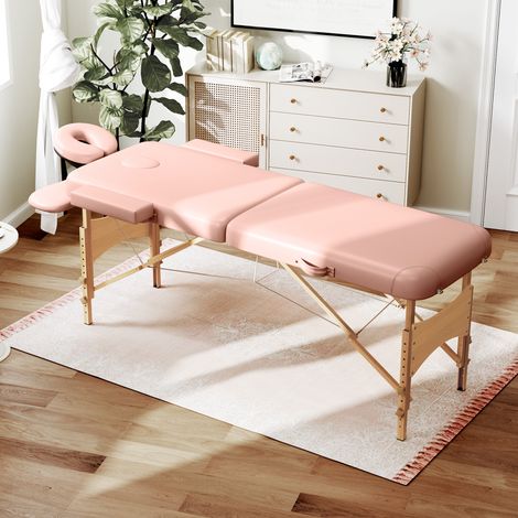 Camilla de Masaje Plegable con Reposacabezas Extraíble Asa Marco de Madera y Altura Regulable 210x81x67-92 cm Rosa (1/5)