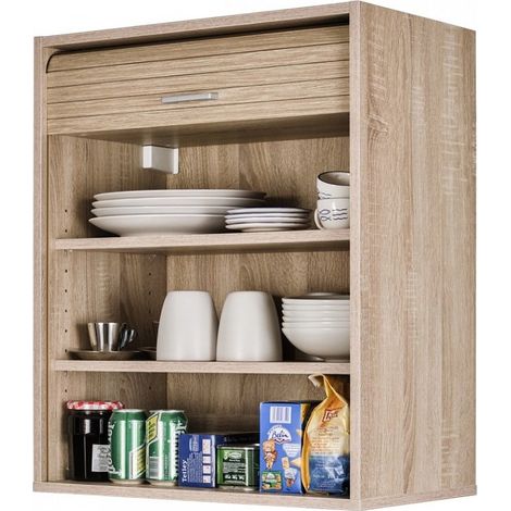 Les Tendances – Meuble haut de cuisine chêne clair avec rideau coulissant – Dimensions L 60 x H 72 cm – 2 tablettes réglables – Montage facile (1/5)