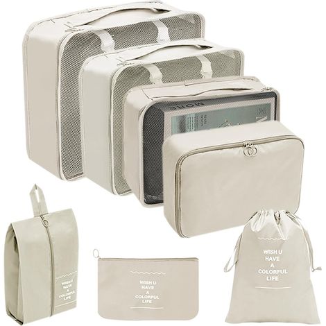 7 cubes de rangement pour voyage, sacs de rangement pour valise, fermeture éclair, polyester, dimensions 40x30x11 cm, couleur assortie (1/5)