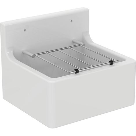 Porcher – Poste d'eau céramique 46 x 38 cm – Grille porte seau incluse – Fixation sur consoles D5705AC – Coloris blanc brillant
