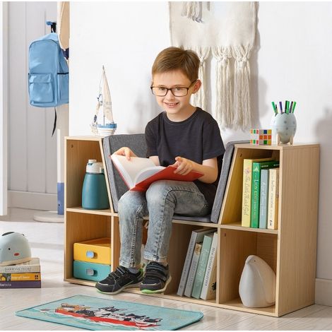 Kinderregal 103 x 30 x 62 cm aus MDF, grau/natur, 6 Fächer mit Sitzbank – MEUBLIV (1/5)