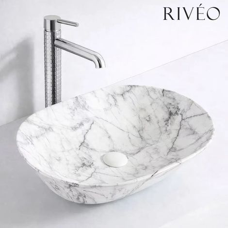 Vasque à poser ovale en céramique blanc effet marbre 59 x 42,5 x 14 cm avec bonde clic-clac blanche incluse - RIVÉO (1/4)