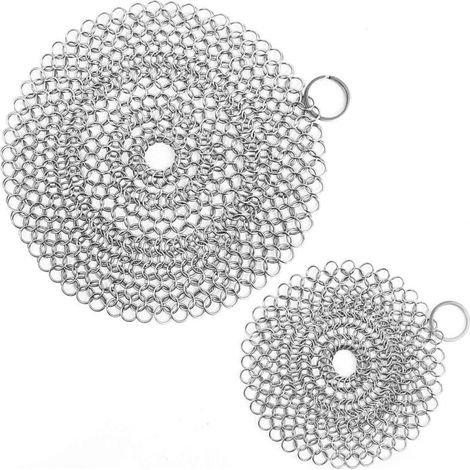 Nettoyeur de poêles en fonte avec bras à chaîne, lot de 2 brosses à chaîne en acier inoxydable (rond de 7 et 5 pouces). (1/5)