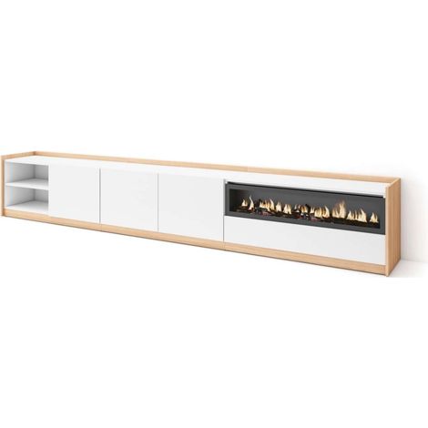 Mueble TV Istán-02 de 310x50x37 cm con chimenea eléctrica, color blanco y roble soft (1/4)