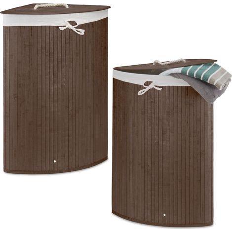 Relaxdays 2x Laundry Baskets, Bamboo Clothes Separator System, Hamper, Linen Bag, 60L each, 65 x 49.5 x 37 cm, Brown