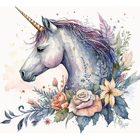 Papier peint panoramique Enfants - Licorne fleurs - 130 cm x 123 cm (1/2)