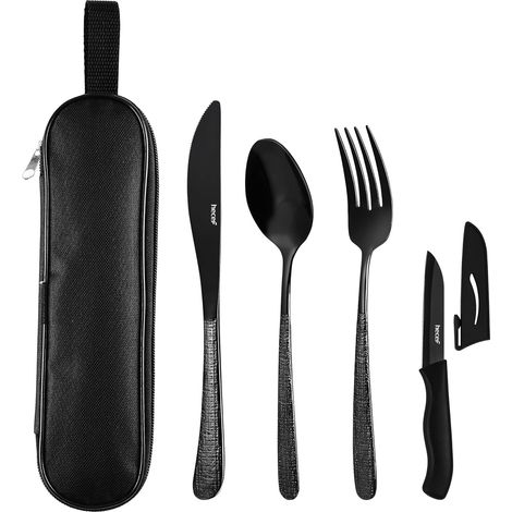 Couverts de camping avec étui, 6 pièces Couverts de Table en acier inoxydable 18/0, manches martelés, réutilisables et compatibles lave-vaisselle, pour le travail, l'école et les voyages, noir (1/5)