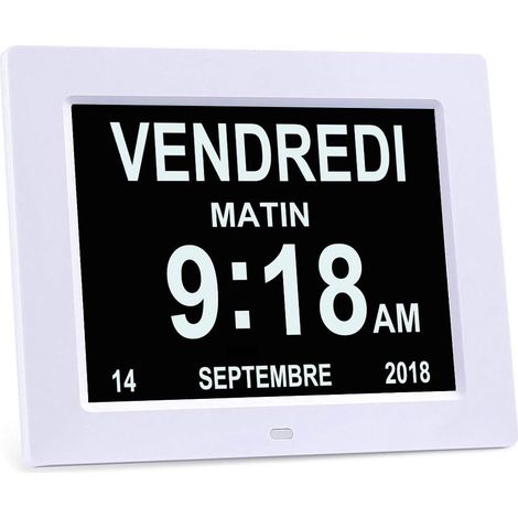 Horloge numérique LCD 8 pouces avec calendrier, date, jour et heure  Horloge Alzheimer pour les seniors, idéale pour les parents (Blanche)