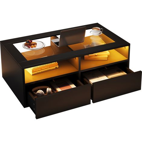 Table basse 100 x 50 x 35 cm avec LED, 2 tiroirs, plateau en verre, design double niveau avec rangement ouvert, table d’appoint,Noir