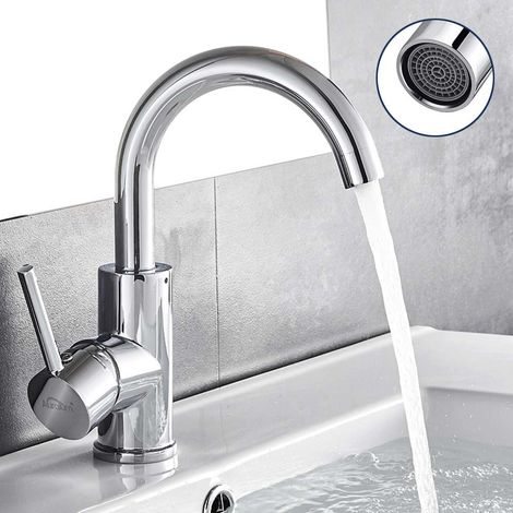 Auralum Rubinetto Lavabo Girevole a 360 Gradi, Miscelatore Monocomando Alto Ottone, Rubinetto Bagno Lavabo con Aeratore Rimovibile y Mangueras 60CM per Bagno/Cucina