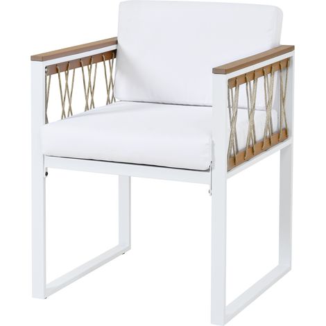 Ensemble de mobilier de jardin 7 pièces pour 6 personnes, avec plateau en verre trempé, enroulement en corde de polyester et accoudoirs en WPC (1/5)