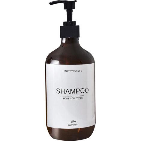 (A-Amber-shampoo-500ml) Flacon distributeur de shampoing, gel douche et après-shampoing étanche, pré-étiqueté et rechargeable. (1/5)