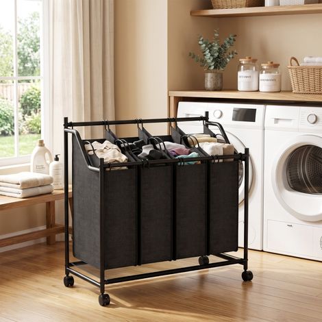 Cesto de ropa con asa, cesta rodante de 108 L con 4 compartimentos y ruedas, color negro. (1/5)