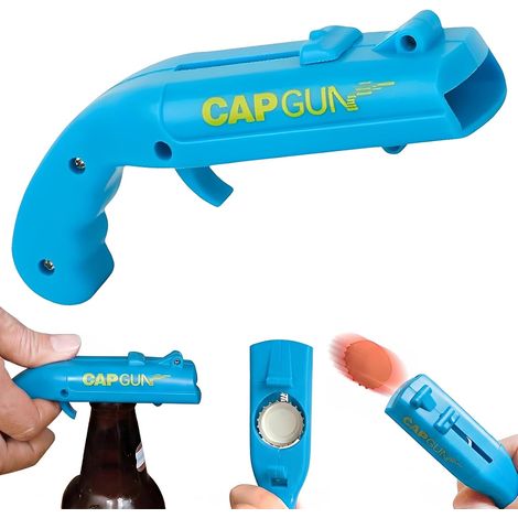 Décapsuleur Pistolet Lanceur de Capsule Amusant - Ouvre-Bouteille de Bière Créatif en Plastique pour Fêtes, Soirées, Bar et Maison - Gadget Original et Cadeau Rigolo pour Homme, Bleu