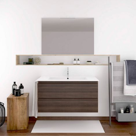 CONJUNTO MUEBLE DE BAÑO SUSPENDIDO MIZAR CON LAVABO, ESPEJO Y TOALLERO FRESNO TEA 80X35 FONDO REDUCIDO (1/4)