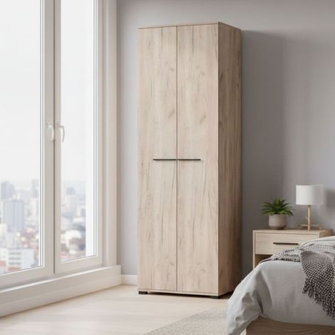 Guardaroba 2 Ante Pinasca, Armadio Camera da Letto un Ripiano, Appendiabiti, Apertura Battente, 67.5x195h cm Marrone Rovere Nodi (1/5)