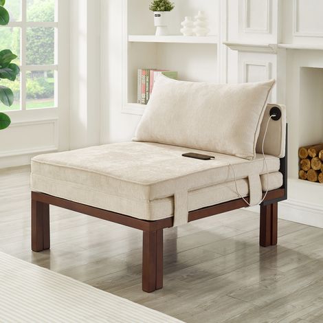 Fauteuil convertible 2 en 1 en velours avec port USB-C, lit d’appoint gain de place pour petit espace, beige