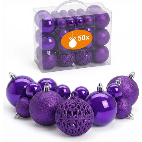 Kunststoff Christbaumkugel Set 50-teilig bruchsicher - lila - Design Weihnachtskugeln inklusive Metall Haken