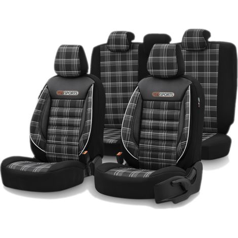 Komplettset luxuriöser Sitzbezüge OTOM – Textil mit Kunstleder, GTI SPORTS-Design – Schwarz mit weißer Naht, für Vorder- und Rüc