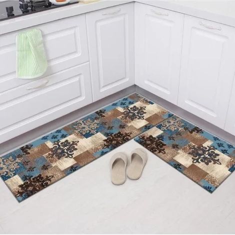 2 pièces Tapis de Cuisine Antidérapant - 40 x 120cm & 40 x 60cm - Tapis de Sol Salle de Bain Absorbant Bleu Marron (1/2)