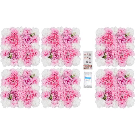 Lot de 6 panneaux muraux de fleurs artificielles, mur de fleurs en tissu soie, fond photo pour mariage, baptême, fête et décoration murale - 42x42 cm, blanc, rose, rose-violet (1/5)