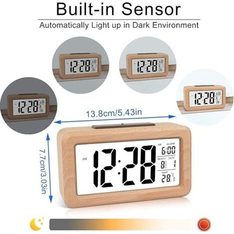 Réveil numérique en Bois à réglage Facile avec température, Réveil Digital, Date, rétro-éclairage, répétition, pour Chambre à Coucher, Chevet, Maison, Bureau, Non Ticking (1/3)