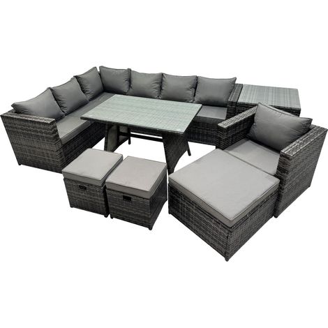 Fimous 10-seater Outdoor PE Rattan Sofa Set with Dining Table Patio Garden Furniture Sets with Chair 3 Stools Side Table Dark Grey Mixed (1/5)