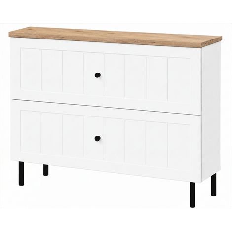 Meuble sous-vasque sur pieds 80 cm, 2 tiroirs, avec plan de travail, Blanc / Plan Chêne clair, poignées noires, pieds noirs, 80 x 46 x 73,6 cm (1/5)