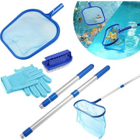 5PCS Kit Nettoyage Piscine, Épuisette Fond, Manche Télescopique 40-93cm, Brosse, Gants, Étang (1/5)