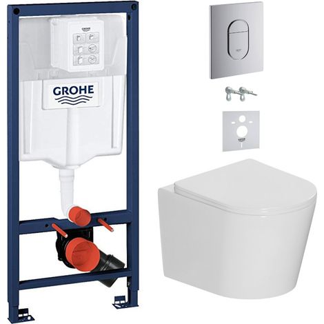 Grohe WC a parete Rapid SL + WC a parete senza flangia + sedile SoftClose + insonorizzazione + piastra cromata (ARENACETOR)