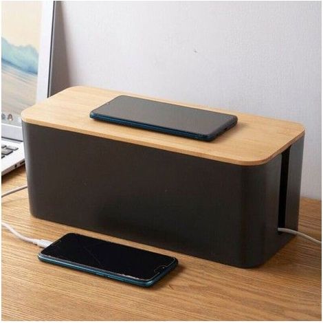 Boîte Cache Câbles - LARGEIGHT - Noir - Couvercle en Bois - Rangement Électrique - Protection Multiprise (1/4)