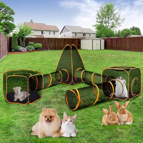Decdeal Enclos pour chats d'extérieur, tente de jeu pour chats 6 en 1 pour extérieur, portable, avec tente tunnel pour chat, maison de jeu, boule de menthe pour lapins, chiens et amis félins à explore (1/5)