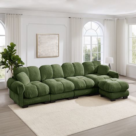 Canapé d'angle modulable 4 places - chenille ottoman capitonné dossier ergonomique - tissu chenille - vert (1/5)