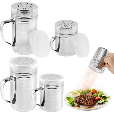 Set aus 4 Edelstahl-Salzstreuern mit 280 ml und 400 ml Fassungsvermögen, Griff, Kunststoffdeckel und Abflussloch für die Küche. (1/5)