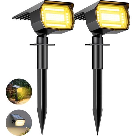 Set of 2 Outdoor Solar Spotlights, 72 LED Waterproof IP65 Solar Lights, Solar Lights with 3 Lighting Modes, 120° Adjustable Outdoor Solar Floodlight for Garden, Driveway, and Path, Warm White (1/5)