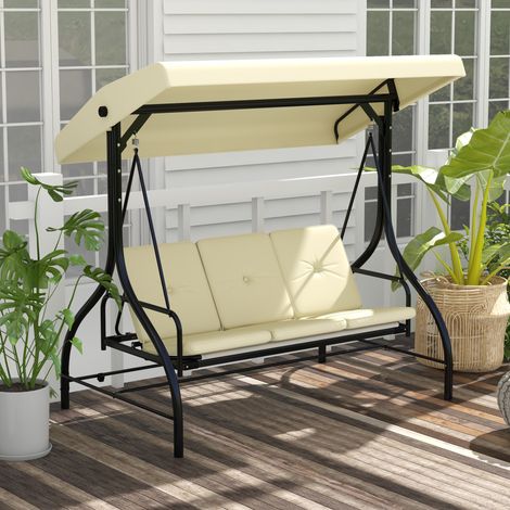 Tumbona columpio de jardín 2 en 1 de acero beige, 3 plazas, con función cama y toldo ajustable, 195x117x175 cm