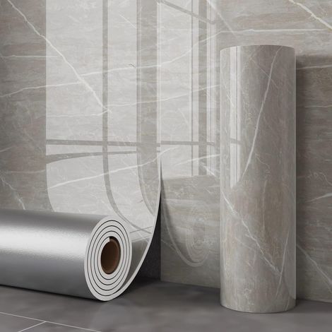 Carreaux muraux autocollants effet faux marbre gris (60 cm de large x 3 m de long). Adaptés aux cuisines, salles de bains, salons, placards et chambres. (1/5)