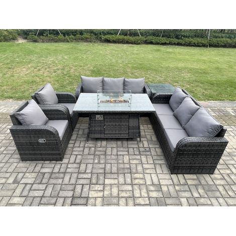 Fimous Salon de jardin avec Table de foyer à gaz,Fauteuil et Table d'appoint 8 places Outdoor Patio Canapé Lounge Set Gris foncé mixte (1/5)